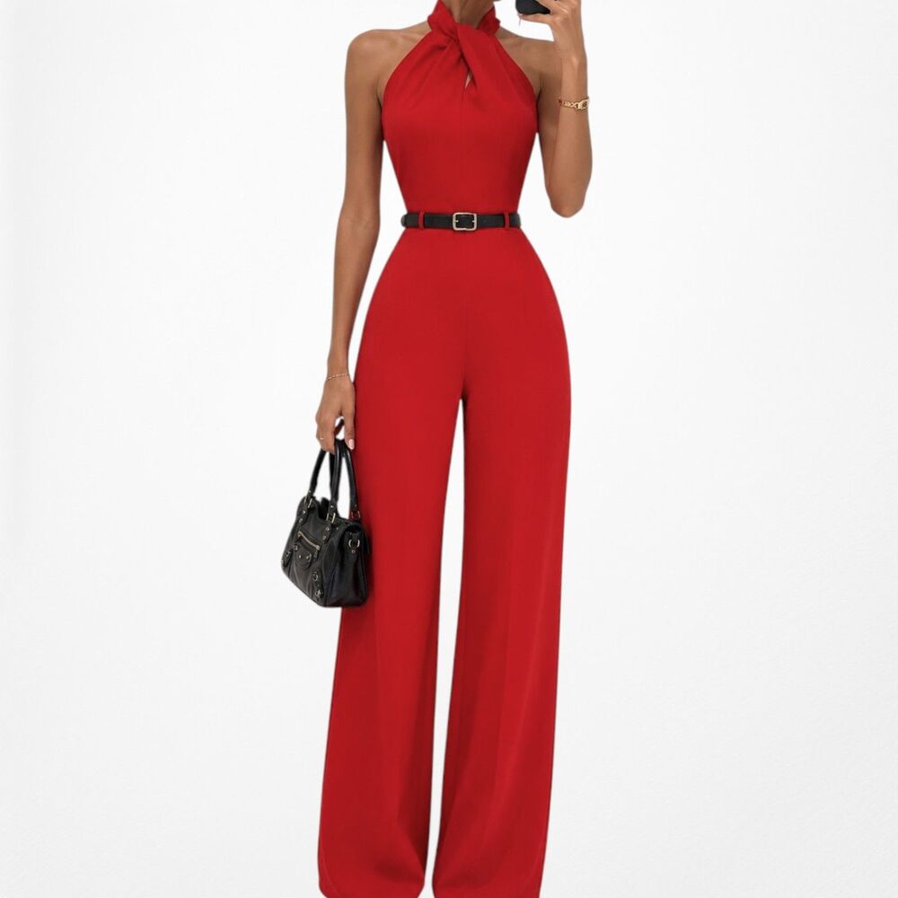 Vintage Y2K 90s Roz & Ali Red Sleeveless Halter Wide Leg Office Jumpsuit Size M
